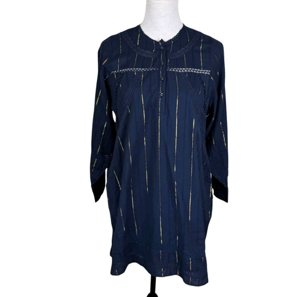 DRA Los Angeles Navy Gold Metallic Striped Eyelet Long Sleeve Shift Mini Dress